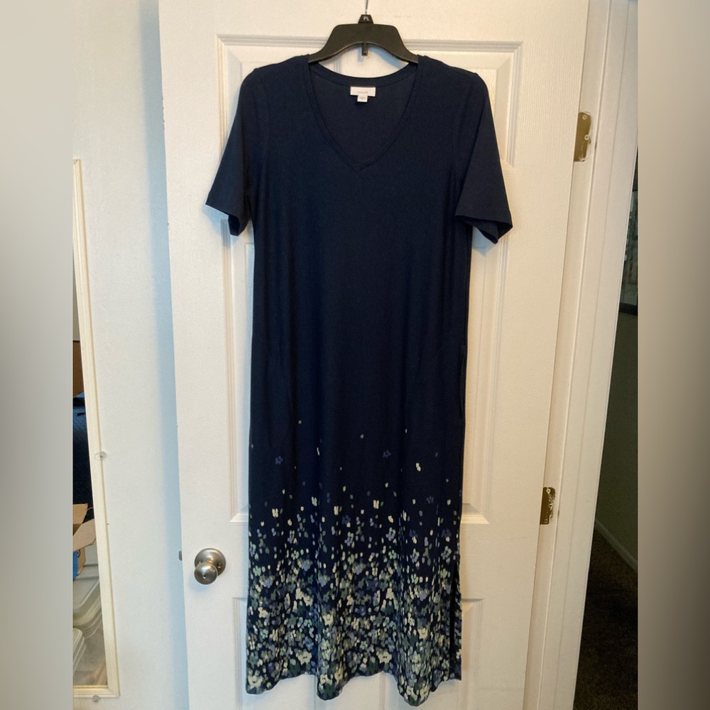 Pure Jill Border print Maxi Navy Blue Dress with pockets and side slits.